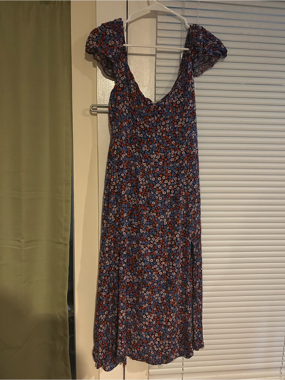Dress Forum Navy Floral V-Neck Midi Dress with Rust Accents